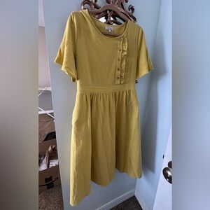 Sweet Salt Elegant Yellow Linen Off-center button down-Front Casual Dress